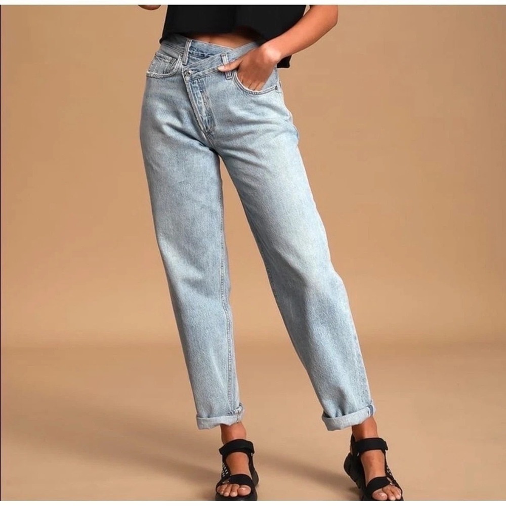 Agolde Criss Cross Upsize High Rise Straight Leg Jeans Blue Distressed Hem 28